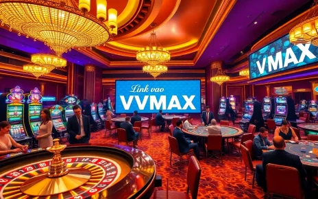 Experience high-stakes action at VMAX, with players enjoying thrilling games and the digital banner linking to site access.