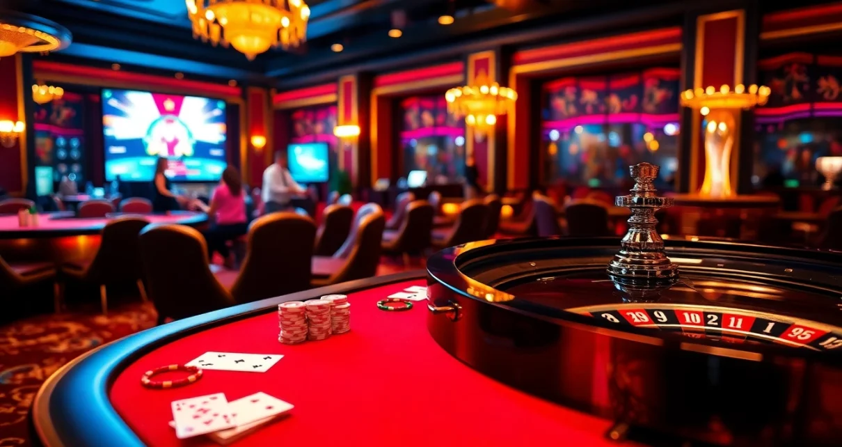 Experience thrilling gambling action at https://mm88.vegas/, showcasing a vibrant casino scene with live dealers and active players.