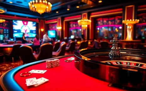 Experience thrilling gambling action at https://mm88.vegas/, showcasing a vibrant casino scene with live dealers and active players.