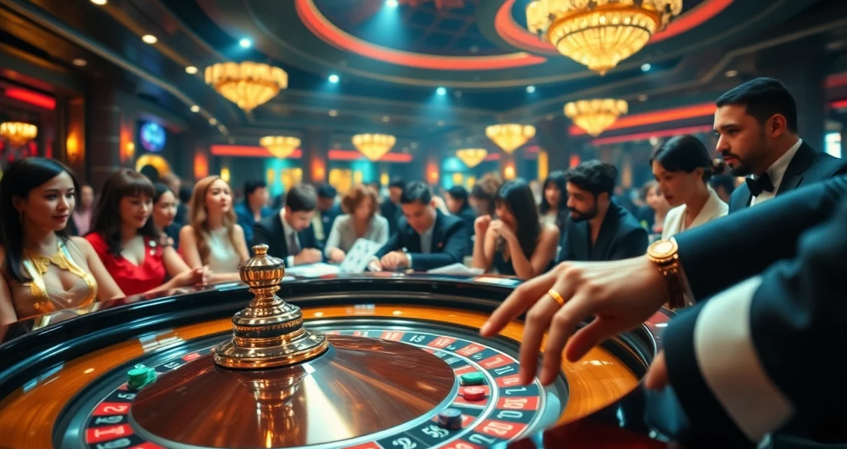 Experience the thrill of betting at the QQ888 roulette table surrounded by excited players.