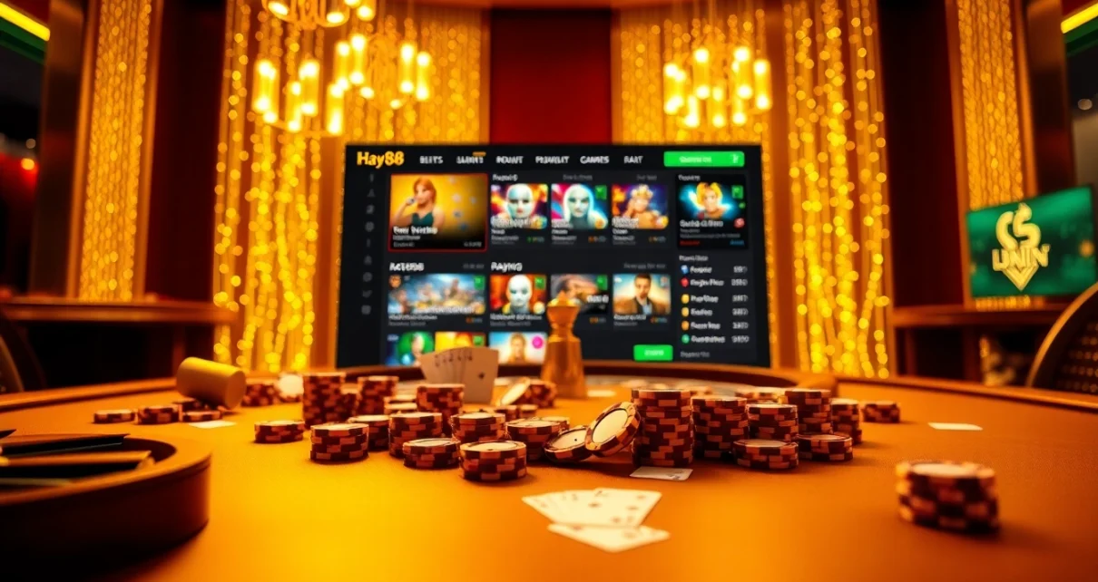 Experience the excitement of Hay88 with a vibrant casino scene featuring poker chips and roulette tables.