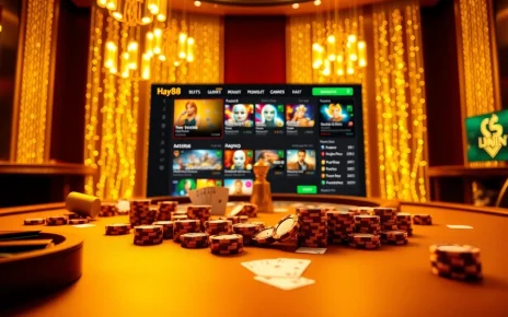 Experience the excitement of Hay88 with a vibrant casino scene featuring poker chips and roulette tables.