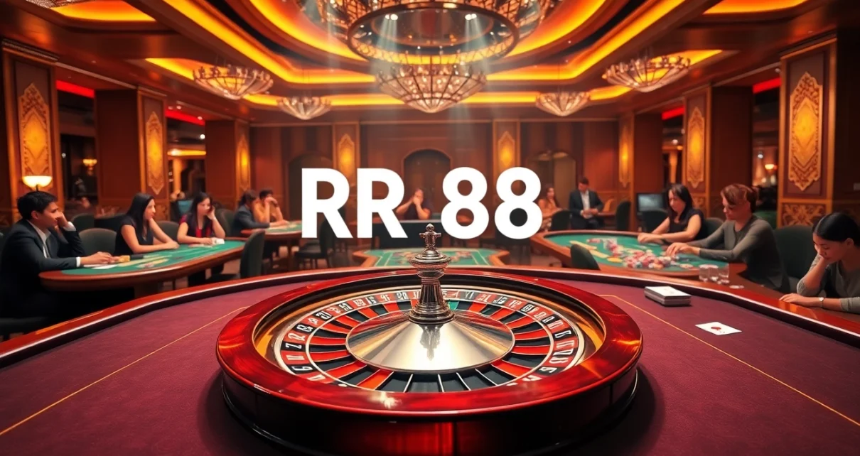 Exciting players enjoying games at RR 88's luxurious casino environment with poker tables and roulette wheels.