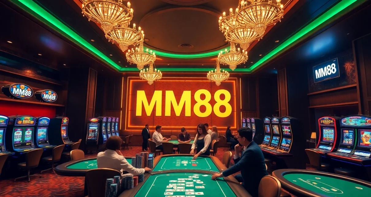 Gamble and win at MM88 with vibrant casino tables and slot machines showcasing excitement.