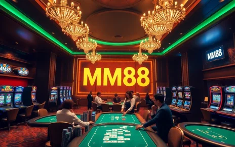 Gamble and win at MM88 with vibrant casino tables and slot machines showcasing excitement.