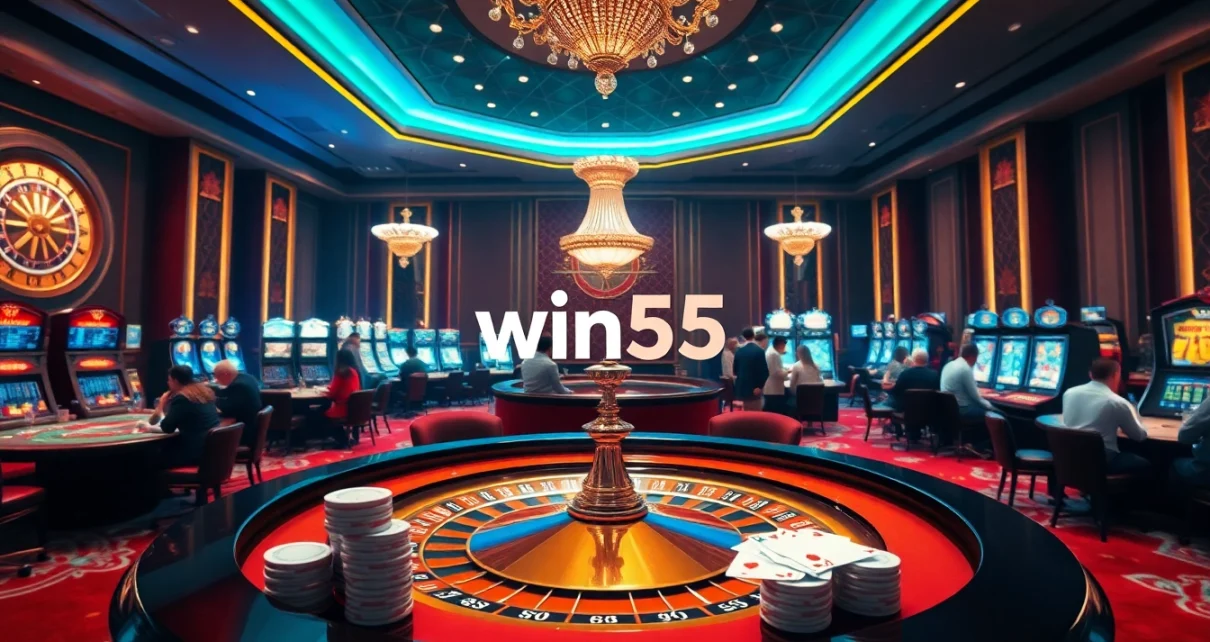 Experience the excitement of win55 while playing vibrant casino games at a luxurious gaming table.