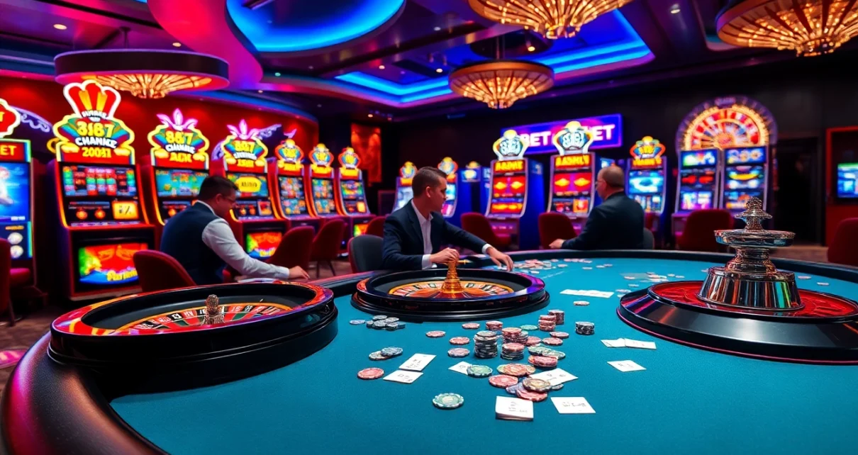 Experience the excitement of 88bet at a luxurious casino table with players and slot machines.