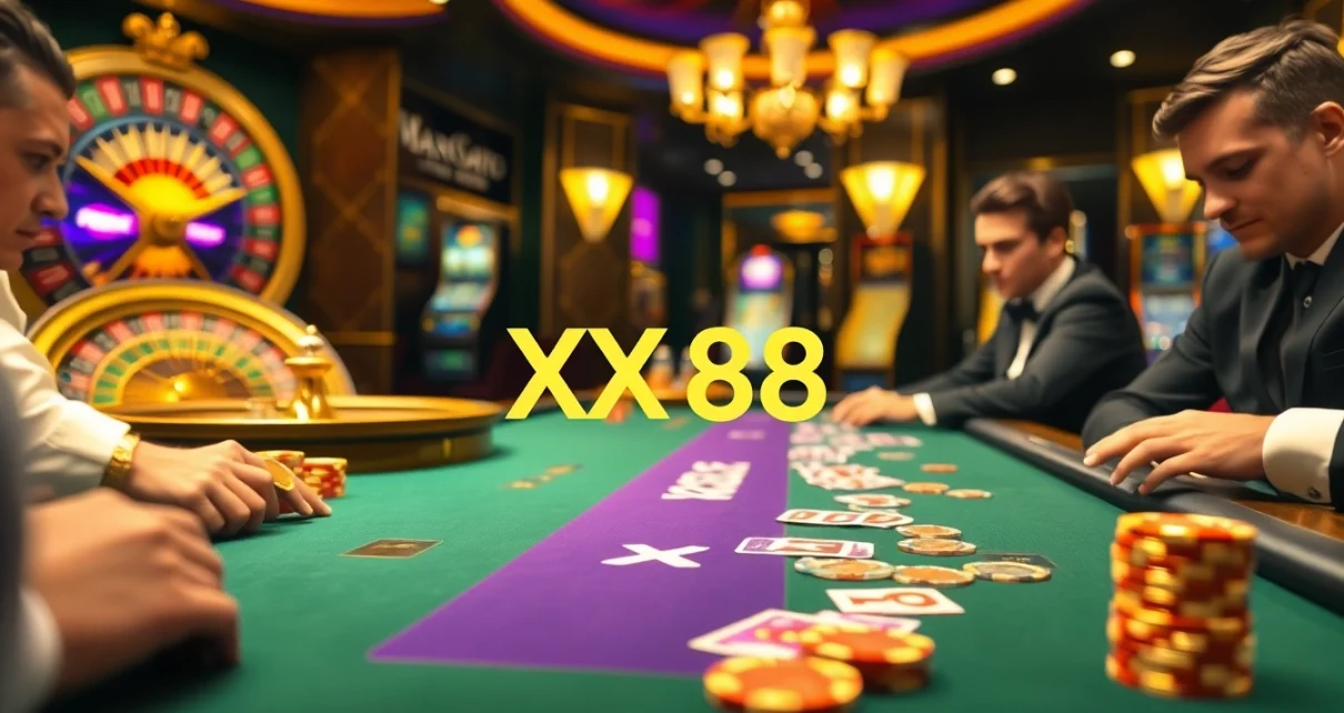 Exciting gaming atmosphere at XX 88 casino, showcasing a high-stakes poker table with vibrant cards and chips.