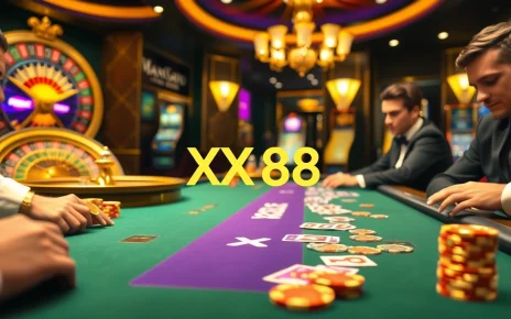 Exciting gaming atmosphere at XX 88 casino, showcasing a high-stakes poker table with vibrant cards and chips.