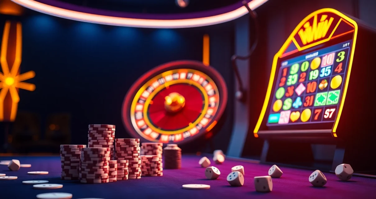 Exciting gambling action at 789win com featuring poker chips, roulette, and slot machines.