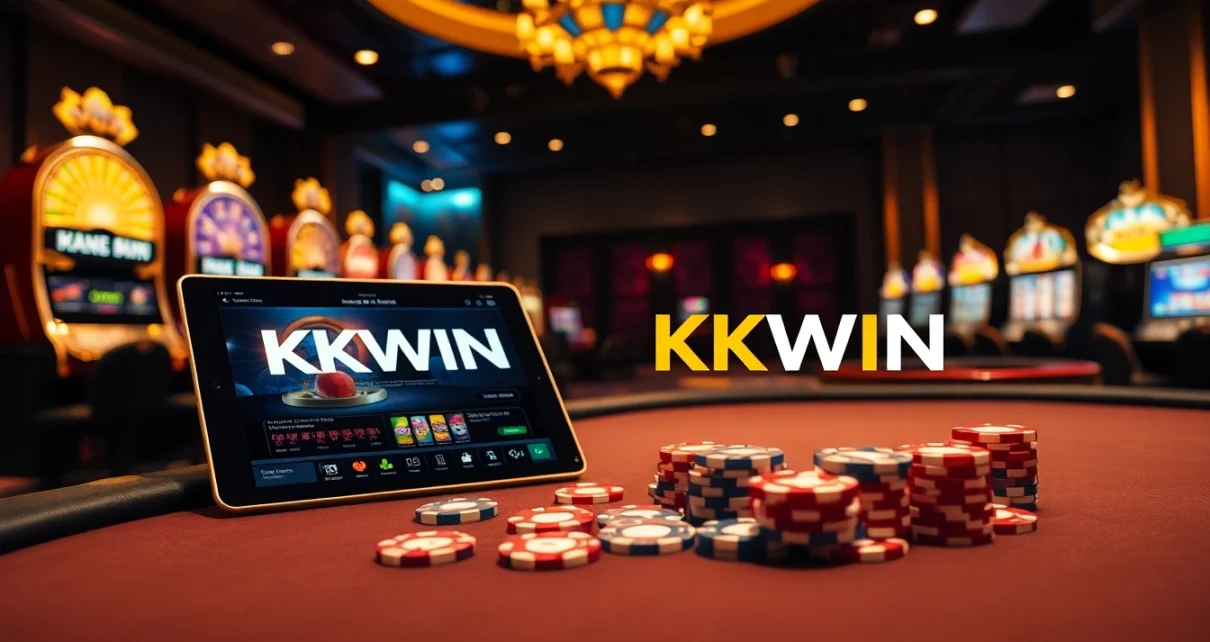 Kkwin logo displayed at a luxurious casino poker table, inviting gamblers to enjoy an exciting experience.