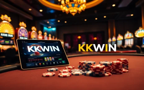 Kkwin logo displayed at a luxurious casino poker table, inviting gamblers to enjoy an exciting experience.