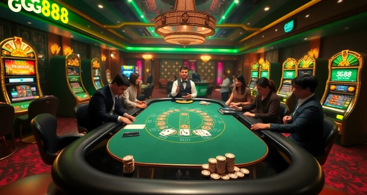 Players enjoy a thrilling game at GG88's luxurious casino ambiance, featuring cards and casino chips.