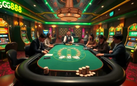 Players enjoy a thrilling game at GG88's luxurious casino ambiance, featuring cards and casino chips.