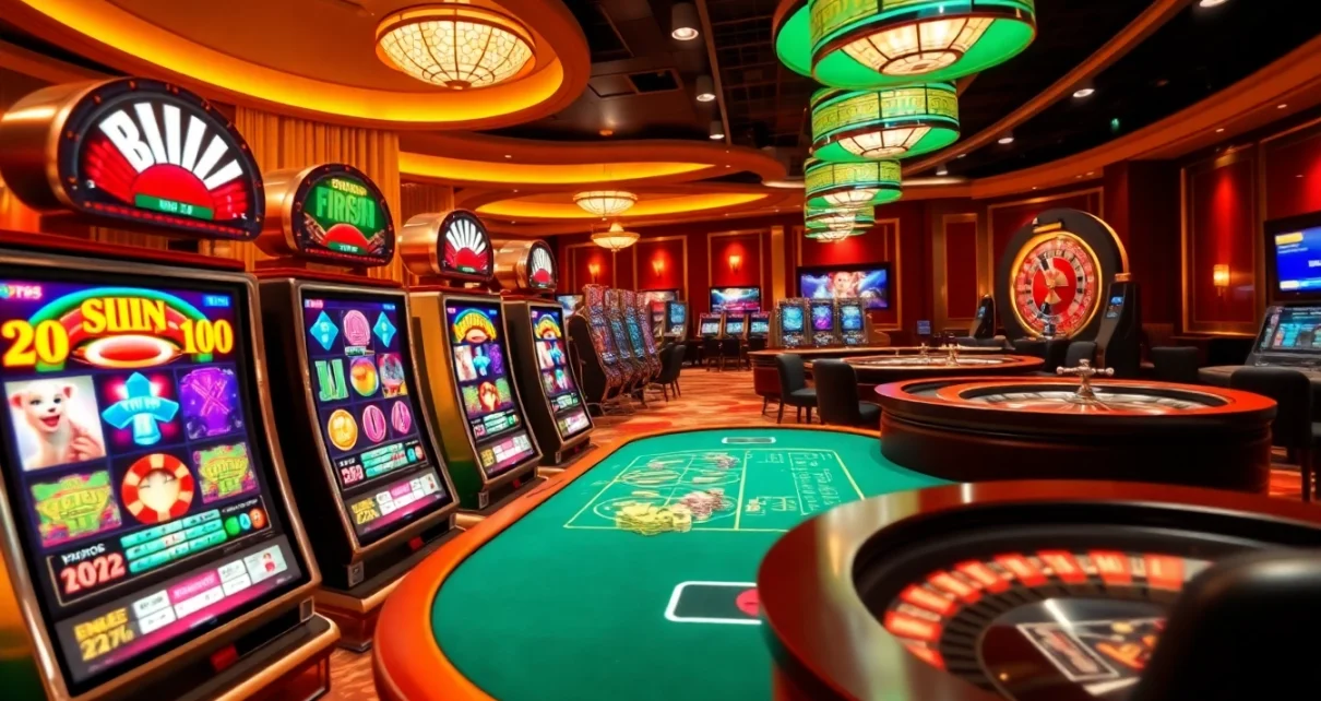 Engaging scene of vibrant 온라인슬롯 machines set in a luxurious casino, creating excitement.