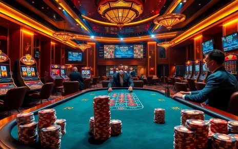 Professional players strategize at the XX88.AI poker table amid vibrant casino excitement.