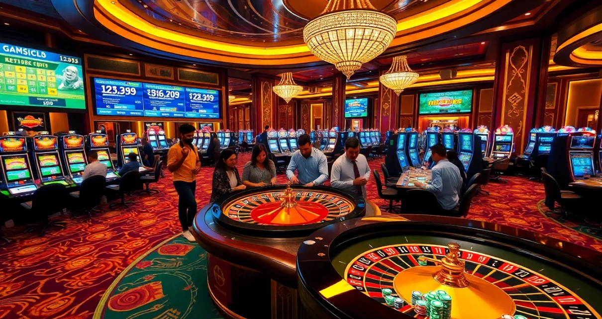 Experience the excitement of betting at https://kjc686.com/ with a vibrant casino ambiance featuring roulette and slot machines.