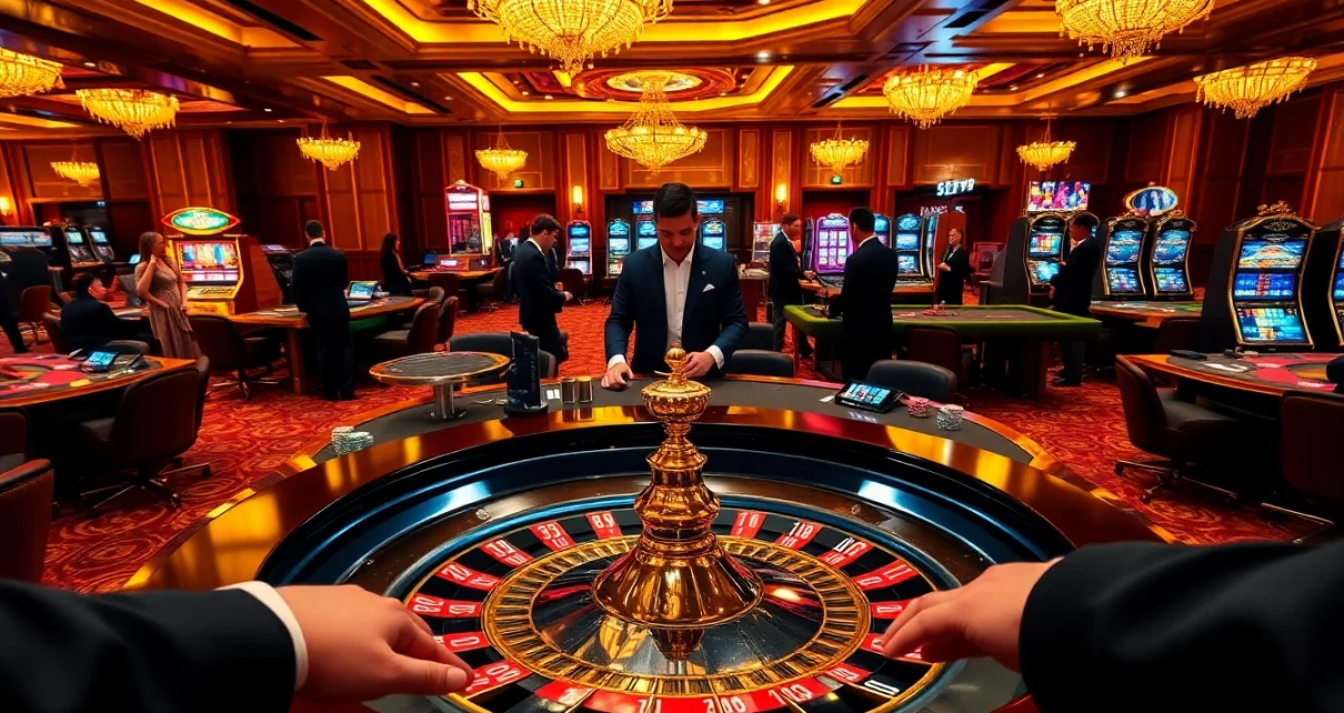 Players strategizing at a luxurious casino table, with 5Z7779 prominently displayed, reflecting excitement.