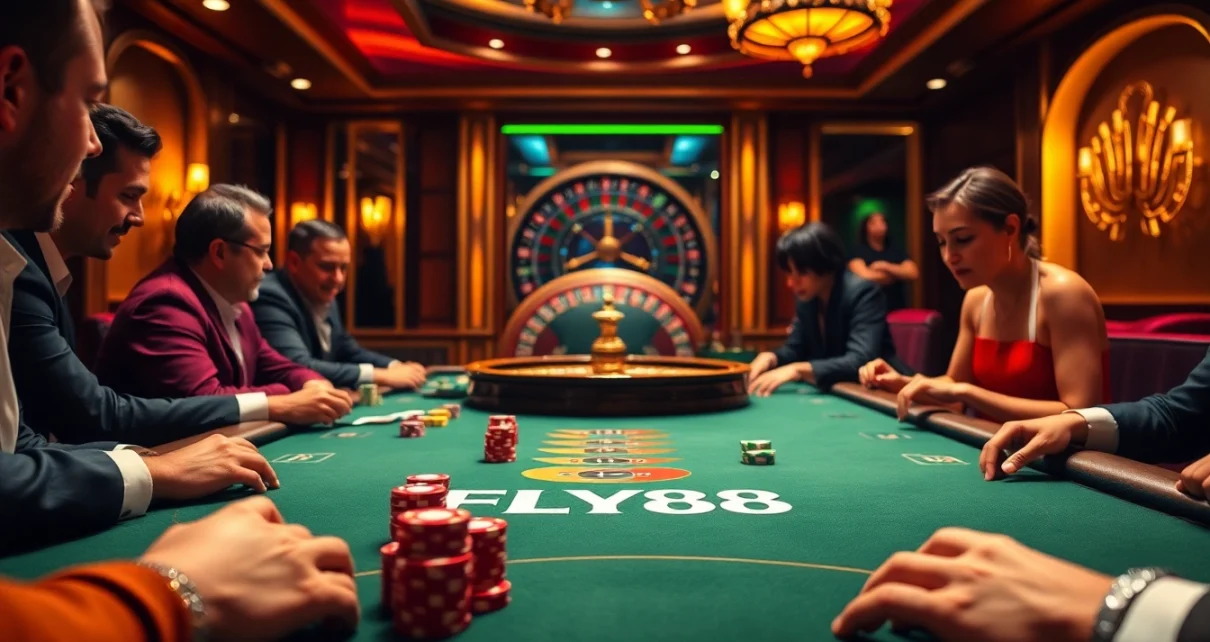 Experience exciting poker action at FLY88's luxurious casino with vibrant chips and cards.