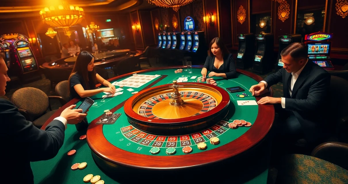 Experience the thrill of BJ388 with players engaged at a roulette table in a luxurious casino setting.