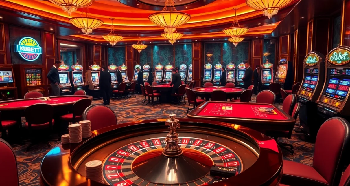 Kubet KYC vibrant casino scene featuring players at roulette and card tables, showcasing thrilling gambling action.