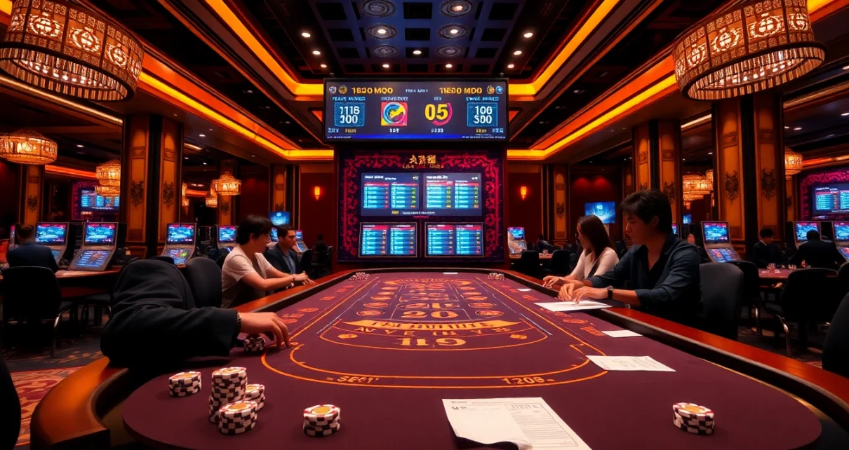 Engaging scene of Tài Xỉu MD5 game, premium casino atmosphere, featuring energetic players and dice.