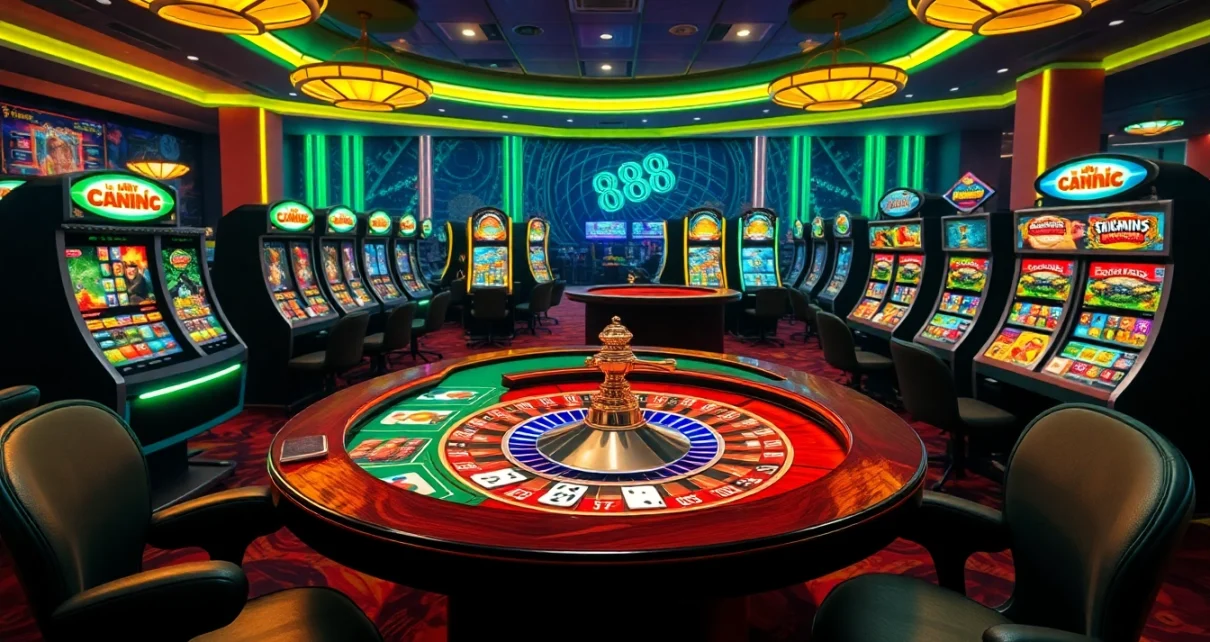 Players enjoying the casino experience at u 888, featuring vibrant tables and slot machines.