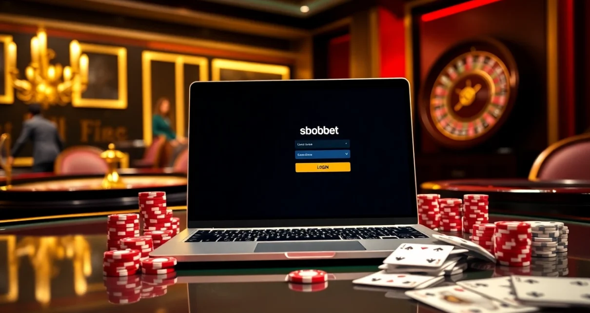 Experience sbobet login excitement at a luxury casino table with poker chips and roulette.