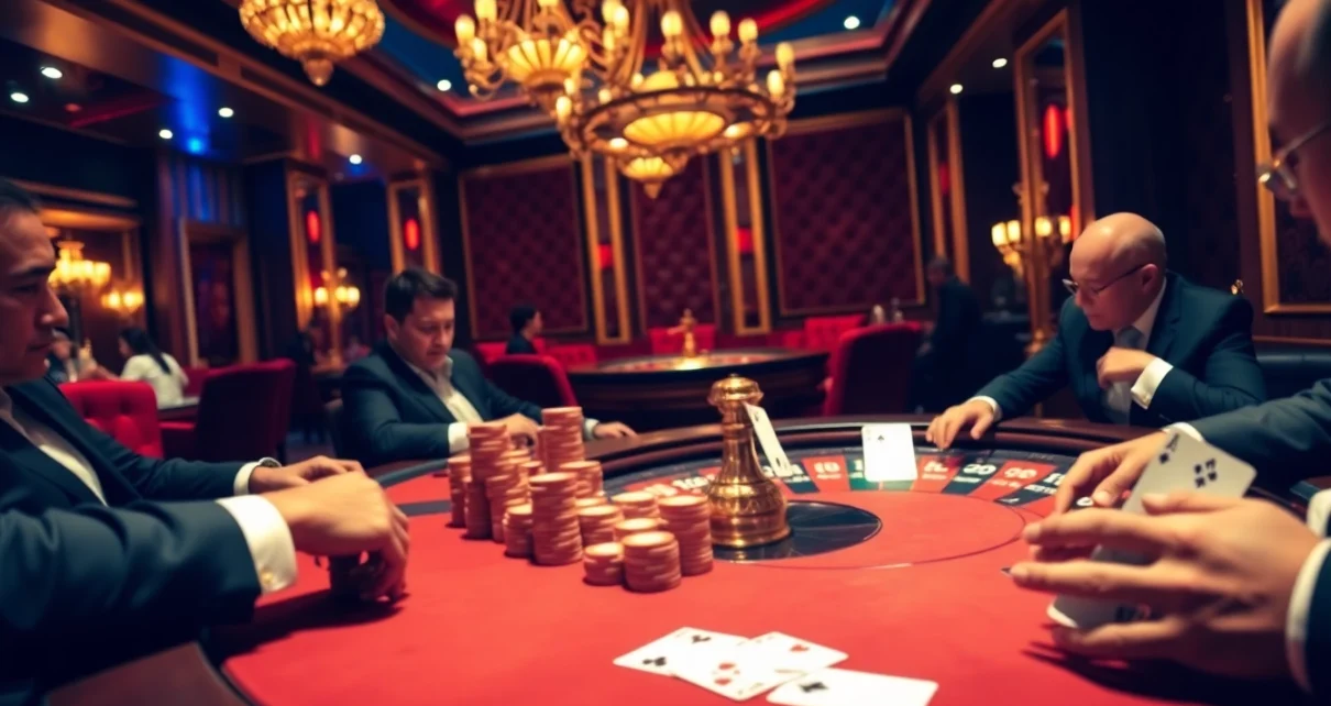 An engaging casino scene at https://hanoiculturetravel.com/ showcasing poker players competing with chips and cards in a luxurious atmosphere.