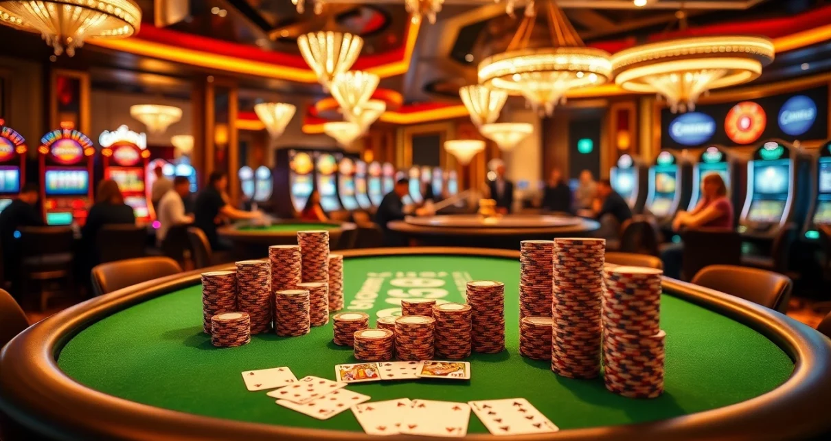 Players enjoying blackjack at bk8th casino, with vibrant chips and high-stakes excitement.