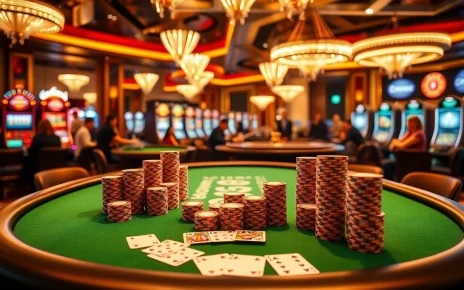 Players enjoying blackjack at bk8th casino, with vibrant chips and high-stakes excitement.