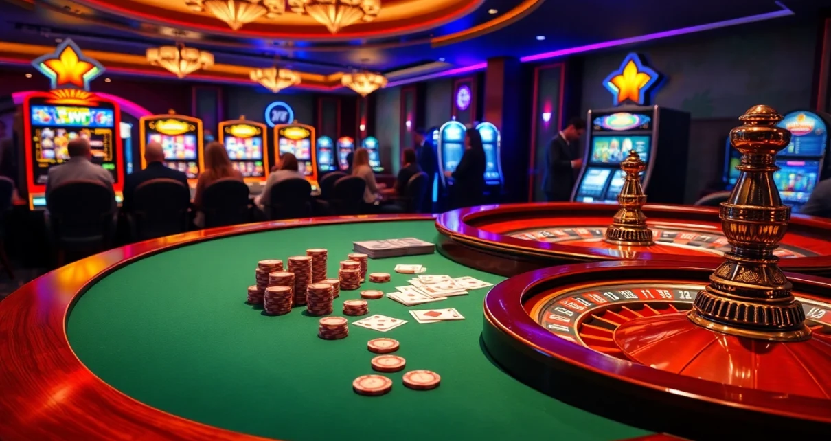 Experience the excitement of Sunwin at a luxurious casino table with vibrant gaming elements.