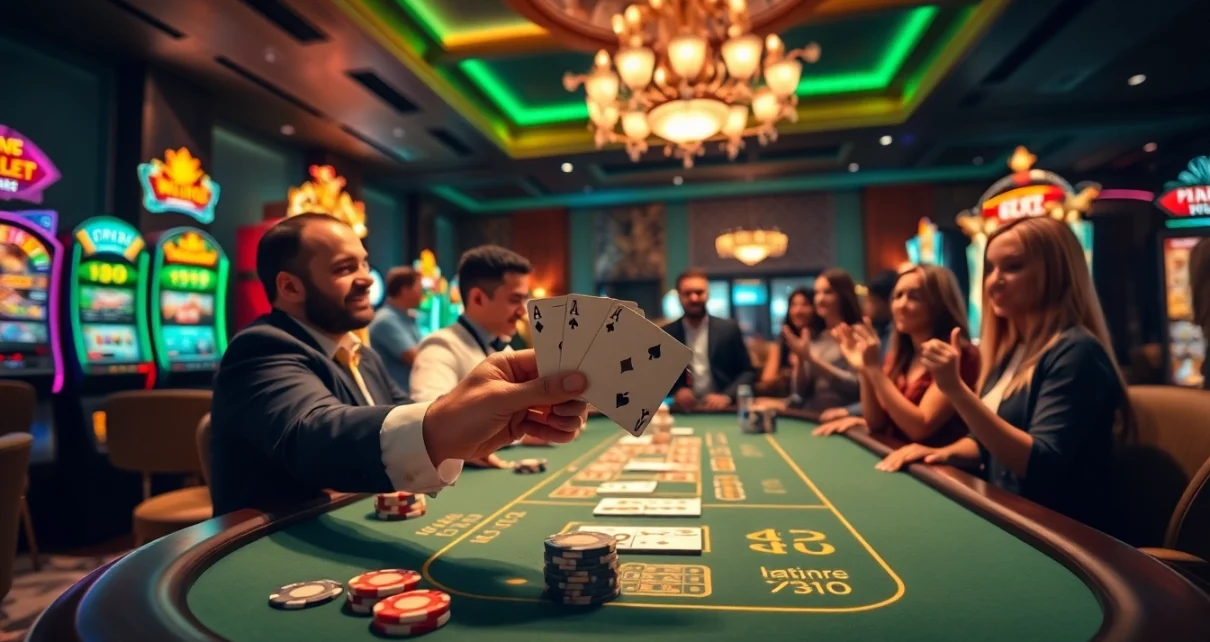 vt88 players cheering at a luxurious casino table for a winning poker hand