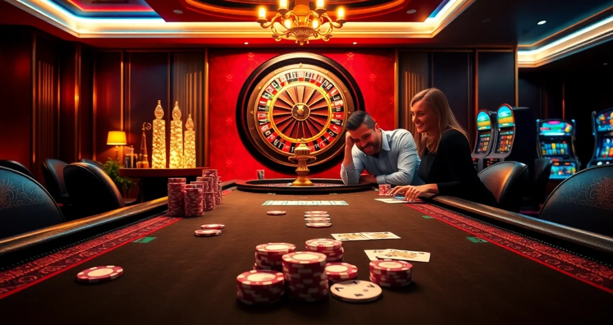Players engaging in thrilling casino action at FLY88 with vibrant poker chips and roulette wheel.