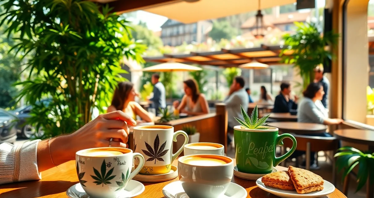 Cannabis Coffee Shop lloret de mar showcasing friends enjoying cannabis-infused coffee amidst a vibrant café setting.