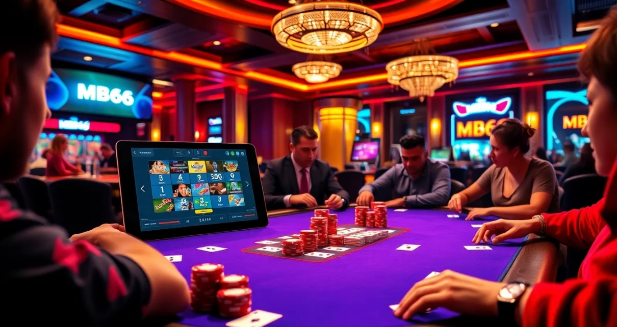 Engaging poker players at the MB66 casino table, capturing the thrill of gambling.