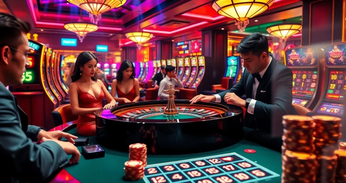 Engaged players at a luxurious casino showcasing 98 win experiences amidst vibrant slot machines.