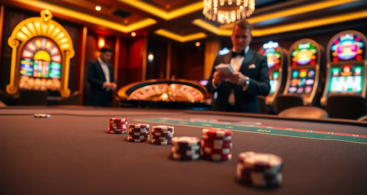 Players enjoy an exciting moment at a 789 win gambling table with vibrant chips and cards.
