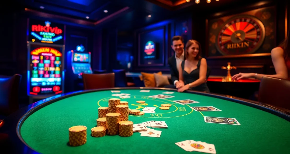 Experience the excitement of rikvip at a luxurious casino blackjack table with vibrant chips.