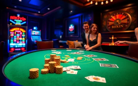 Experience the excitement of rikvip at a luxurious casino blackjack table with vibrant chips.