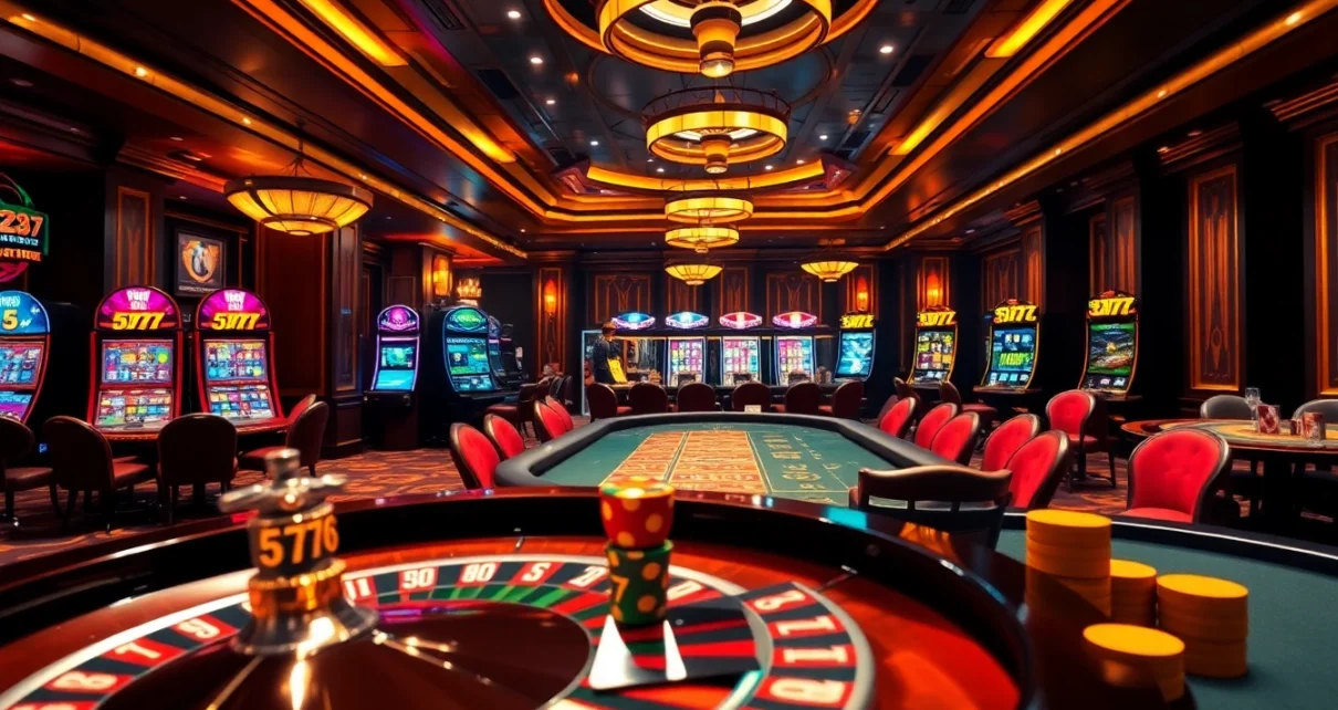 Engaging casino setup with vibrant 5Z777 slot machines, poker table, and roulette wheel.