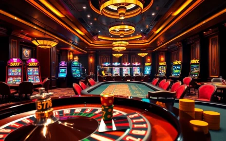 Engaging casino setup with vibrant 5Z777 slot machines, poker table, and roulette wheel.