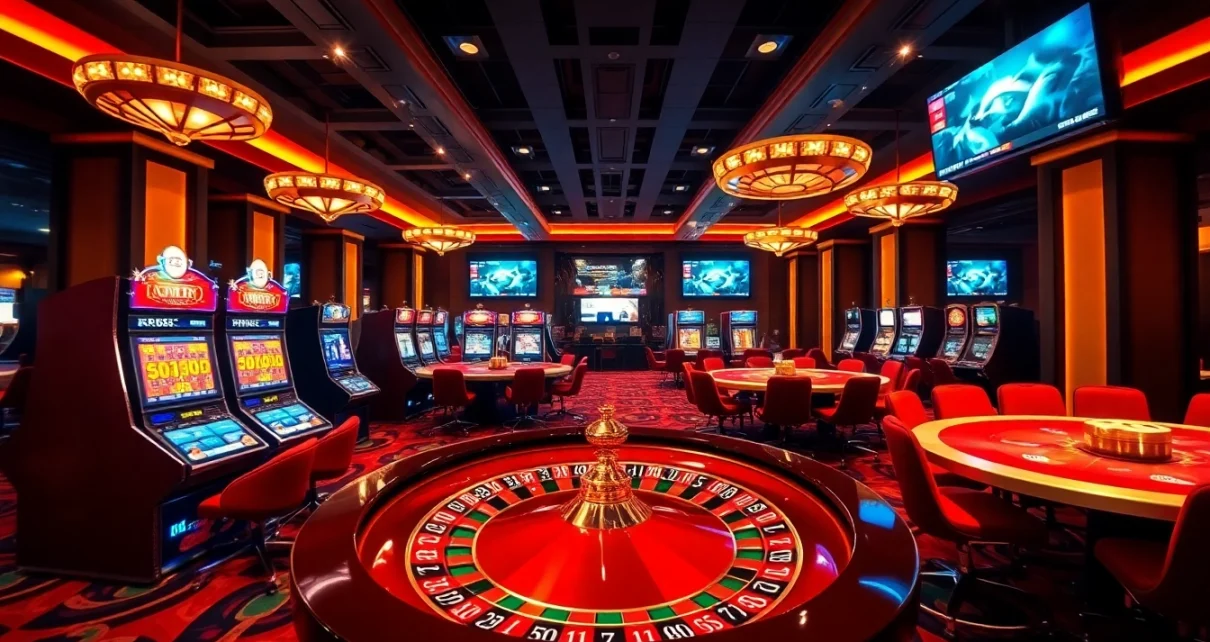 Experience the excitement of RR88 with luxurious casino tables and vibrant slot machines.
