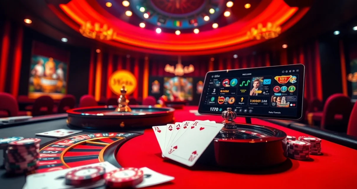 Experience the thrill of gambling at Nhà Cái Luckywin with vibrant casino visuals showcasing roulette and poker.