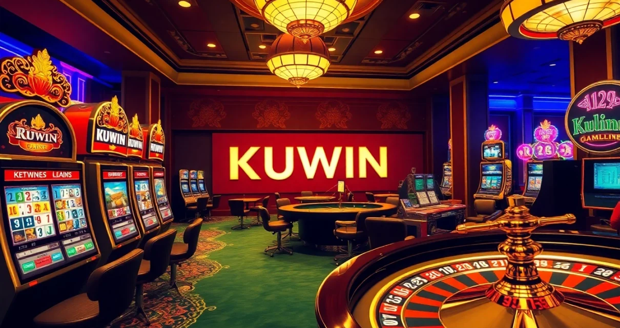 Kuwin gaming scene with thrilling slot machines, poker chips, and lively casino atmosphere
