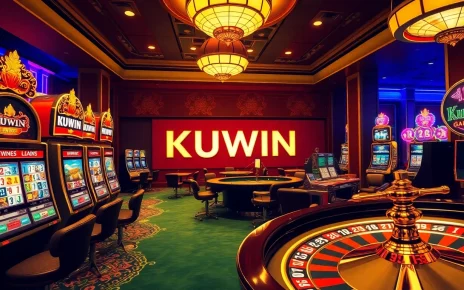 Kuwin gaming scene with thrilling slot machines, poker chips, and lively casino atmosphere