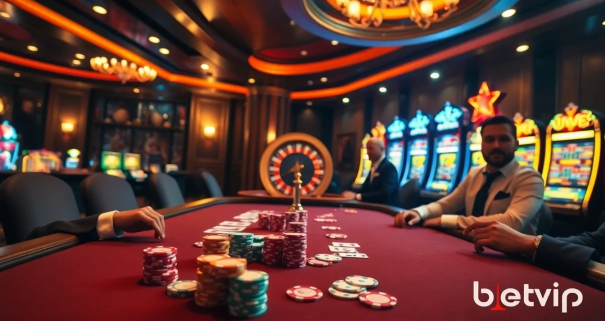 Trò chơi poker cược cao đầy hứng khởi tại casino BetVIP với những quân chip và lá bài sinh động.