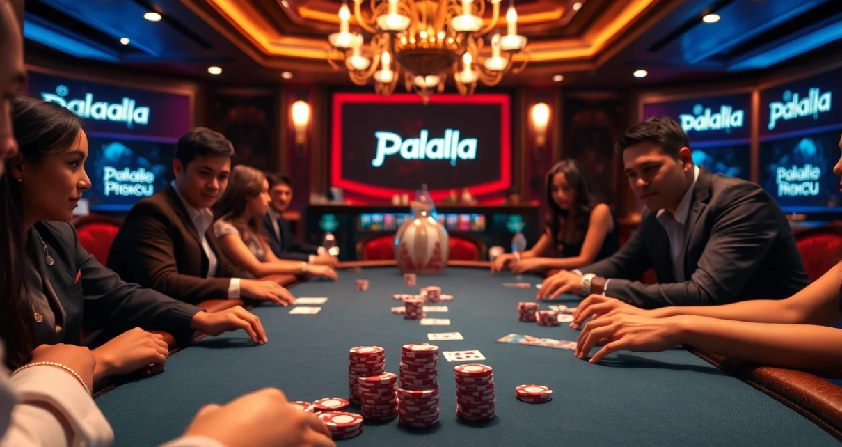 Engaging players in a high-stakes game at pahala4d casino, showcasing poker chips and vibrant cards.