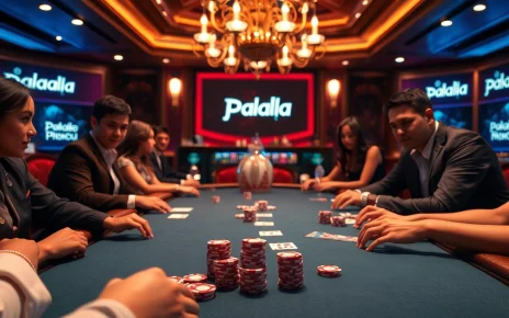 Engaging players in a high-stakes game at pahala4d casino, showcasing poker chips and vibrant cards.