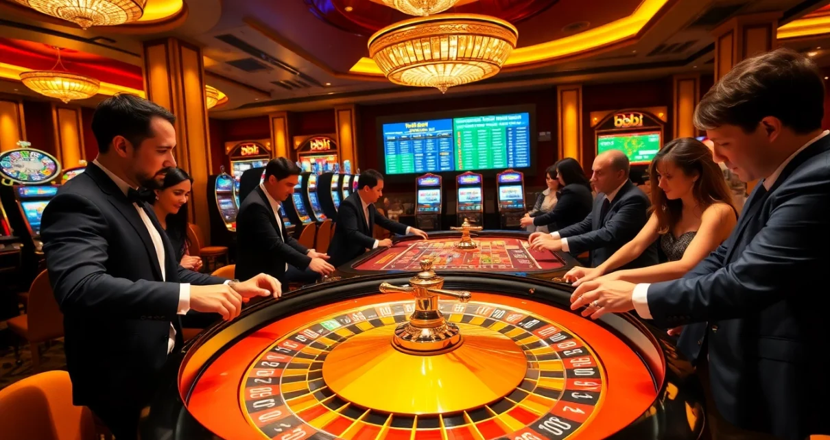 Gamblers placing bets at an exciting 88i casino roulette table, showcasing vibrant casino aesthetics.